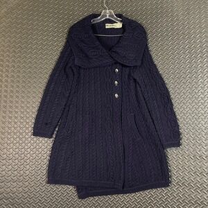 Arancrafts‎ Navy Blue 100% Merino Wool Cable Knit Cardigan Sweater Women's Small